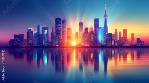 Sunrise over Shanghai skyline, vibrant reflection, city growth