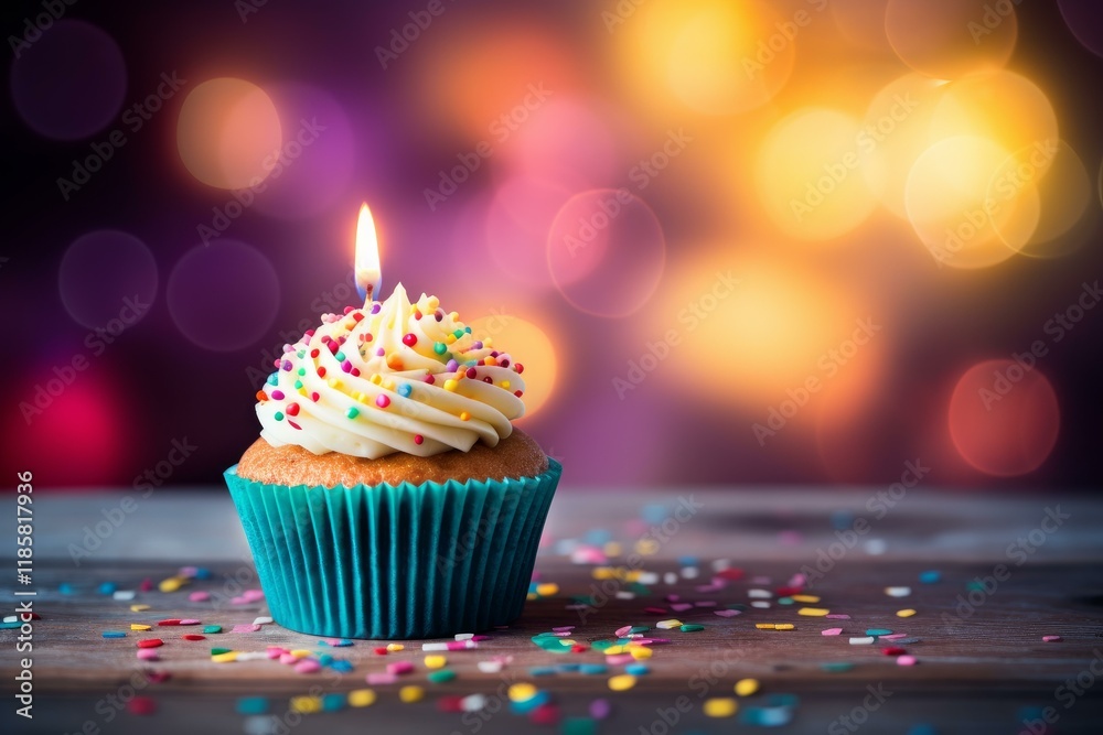Single cupcake with burning candle and colorful sprinkles on wooden table celebrating a birthday with bokeh background Single cupcake with burning candle and colorful sprinkles on wooden table celebrating a birthday with bokeh background