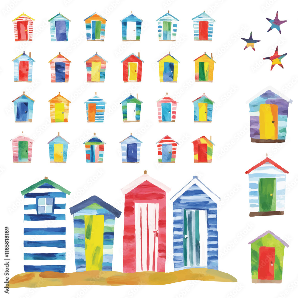 A vibrant collection of hand-painted beach huts in various styles and colors, accompanied by playful stars, ideal for summer-themed designs, transparent background A vibrant collection of hand-painted beach huts in various styles and colors, accompanied by playful stars, ideal for summer-themed designs, transparent background
