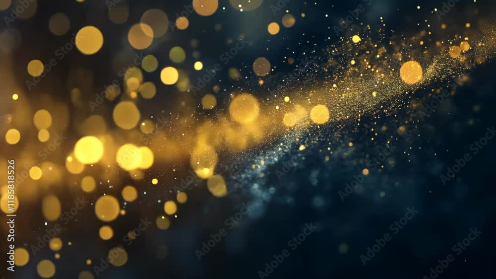 abstract gold bokeh light background, shiny glitter gently floating on dark background