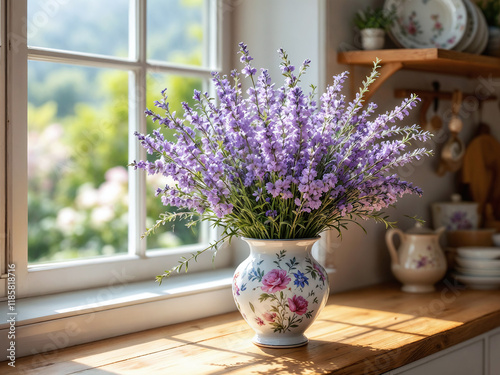 Wallpaper Mural Sunlit Purple Blooms in Vintage Vase with Garden View Torontodigital.ca