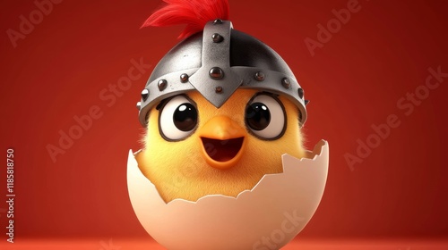 Cartoon chicken with a helmet on its head is peeking out of an egg. The image has a playful and lighthearted mood, as the chicken is wearing a helmet photo