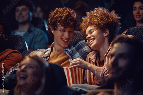 Wallpaper Mural Young happy couple eating popcorn and having fun at movie theatre. Torontodigital.ca