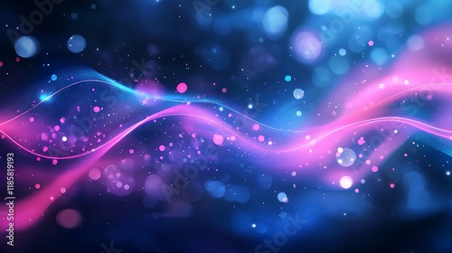 Futuristic background with pink-blue glowing neon wave lines and bokeh lights photo