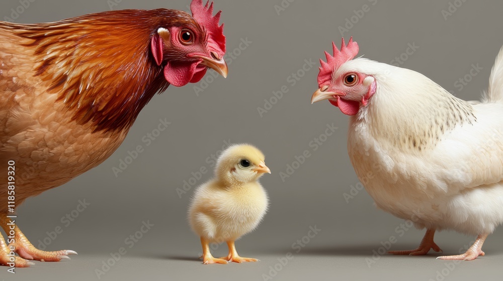 Fototapeta premium Three chickens are standing next to each other, with the smallest one being a baby chick. Concept of family and togetherness, as the three chickens are all related and standing close to each other