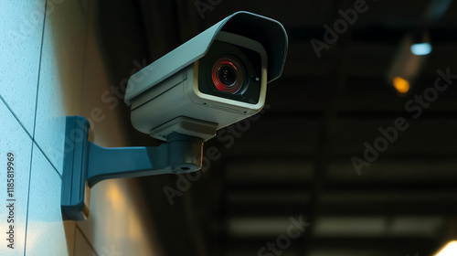 Security camera mounted on interior wall. Shows indoor surveillance solutions and building security systems.