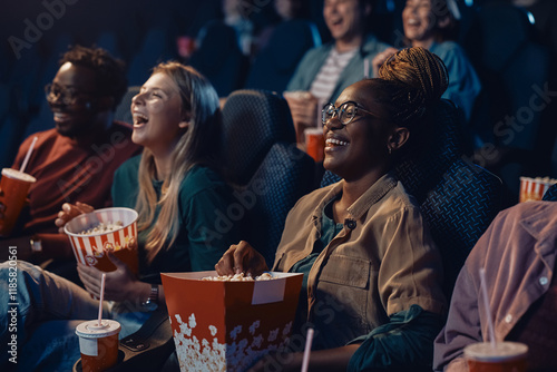 Fotografia Cheerful black woman laughing while watching movie with friends at cinema