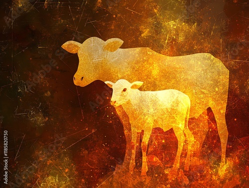 Golden Cow and Calf: A Fiery Rustic Artwork