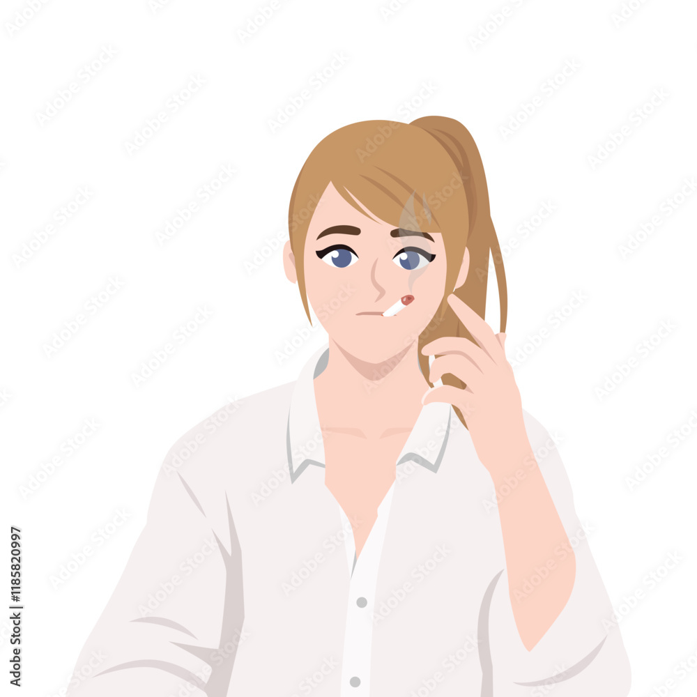 Woman smokes cigarettes. Risks getting cancer due to bad habit. Flat vector character illustration Woman smokes cigarettes. Risks getting cancer due to bad habit. Flat vector character illustration