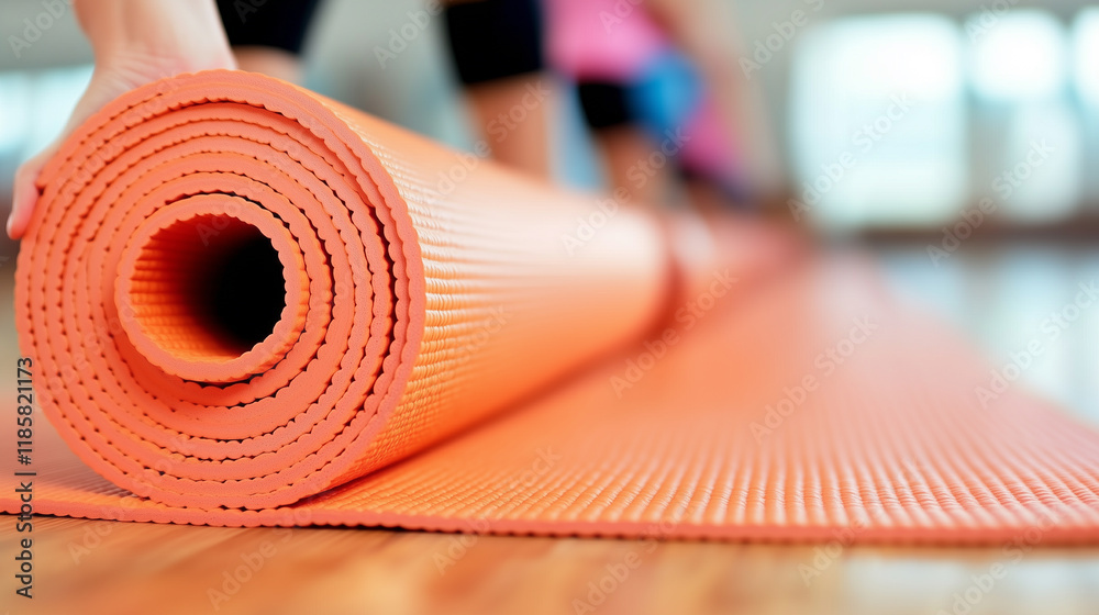 A close-up of a rolled orange yoga mat on a wooden floor, indicating preparation for a yoga session or exercise class. A close-up of a rolled orange yoga mat on a wooden floor, indicating preparation for a yoga session or exercise class.