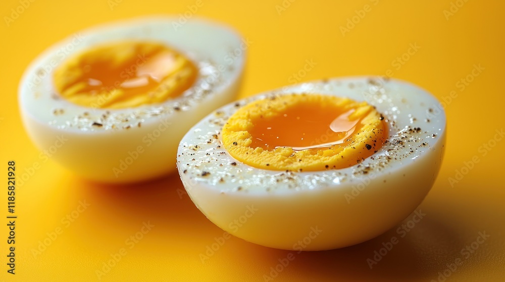 Delicious and nutritious boiled eggs, seasoned with pepper, displayed against a vibrant yellow backdrop. Delicious and nutritious boiled eggs, seasoned with pepper, displayed against a vibrant yellow backdrop.