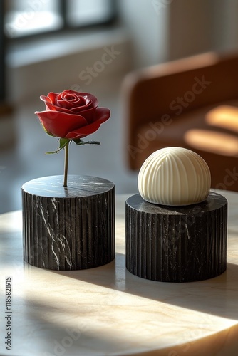 A close-up of two elegant cupcakes with rose decorations on a wooden table.