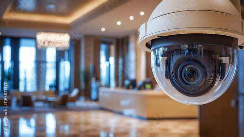 Security camera in high-end hotel interior. Shows premium property surveillance and guest safety monitoring.