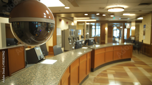 Security camera at bank service counter. Demonstrates financial institution security and transaction monitoring solutions.