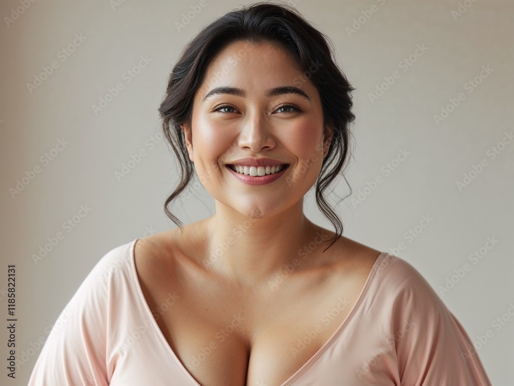Beautiful plus-size asian woman, smiling, plain background, nice hair Beautiful plus-size asian woman, smiling, plain background, nice hair