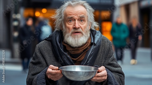 Man with a bowl in his hand is standing on a street. He looks sad and lonely photo