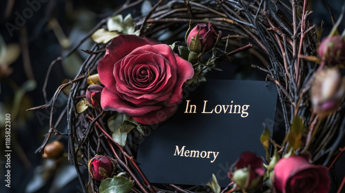 Funereal round frame with roses blossom, thorns and buds. Funeral vector card with in loving memory obituary condolence typography and floral ornament. Mourning frame with black flowers photo