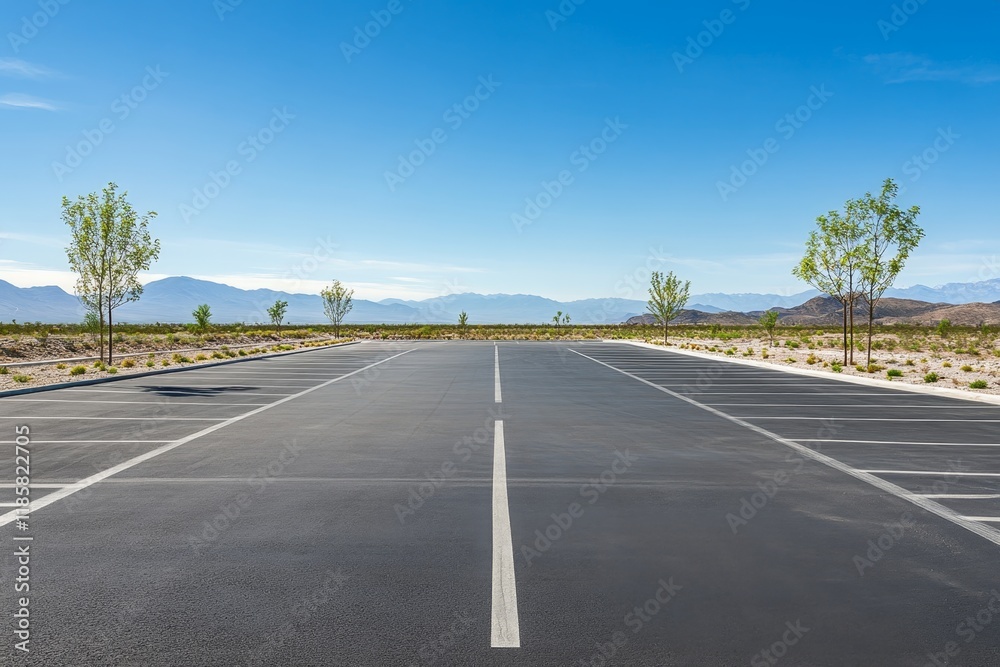 Empty desert parking lot, sunny day, mountains background, travel Empty desert parking lot, sunny day, mountains background, travel