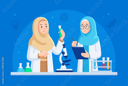 Flat illustration of female muslim scientist doing lab research