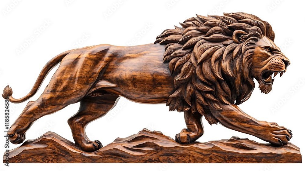 A realistic wood carving of a lion in a prowling stance, isolated on a white background, highlighting its fierce nature. A realistic wood carving of a lion in a prowling stance, isolated on a white background, highlighting its fierce nature.