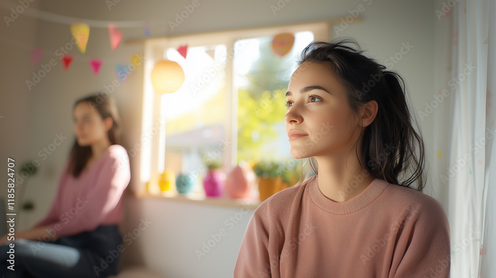 Body positivity and lifestyle balance in a vibrant room scene