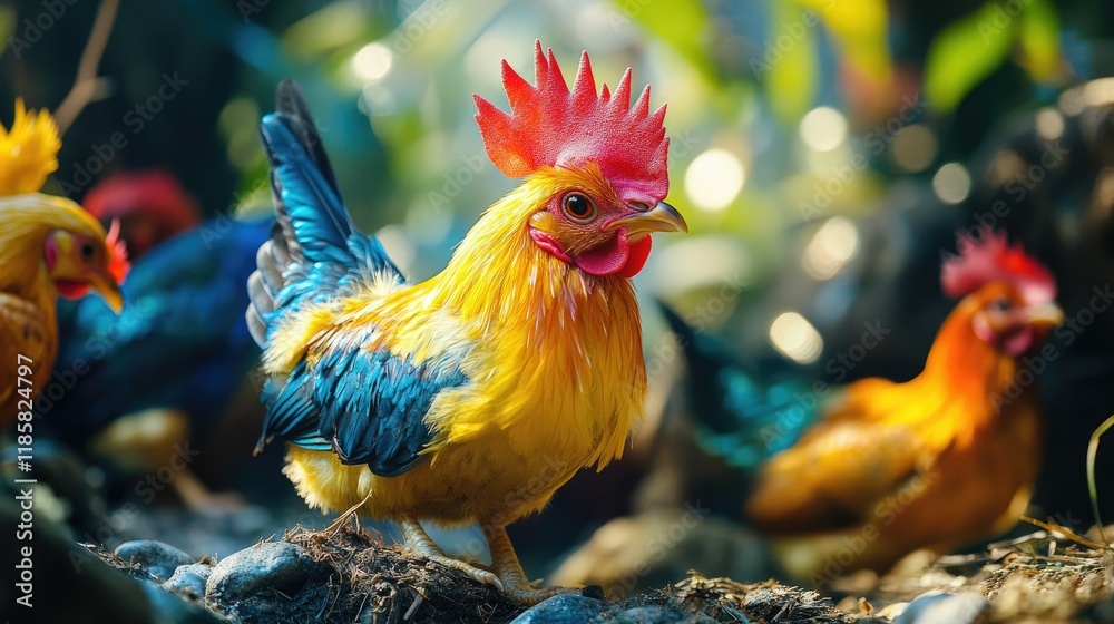 Fototapeta premium Vibrant Rooster in Lush Garden