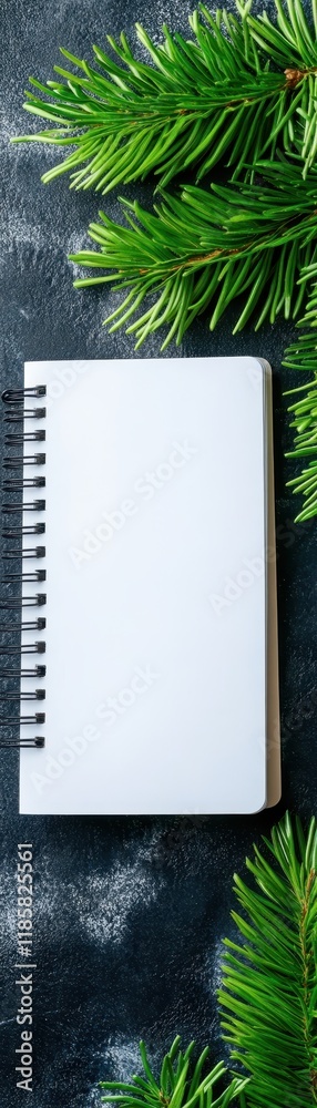 A blank notebook surrounded by green pine branches on a dark surface. A blank notebook surrounded by green pine branches on a dark surface.