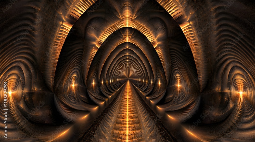 Fototapeta premium Golden Fractal Tunnel Abstract Art D Render Digital Background