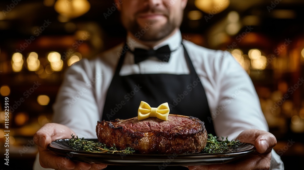 Man is holding a plate with a piece of meat and a slice of butter on top of it. He is wearing a black apron and a bow tie. The plate is placed on a table Man is holding a plate with a piece of meat and a slice of butter on top of it. He is wearing a black apron and a bow tie. The plate is placed on a table