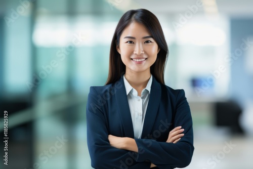 Portrait of a smiling businesswoman standing with arms crossed in modern office Free Download Portrait of a smiling businesswoman standing with arms crossed in modern office - GFXLoad