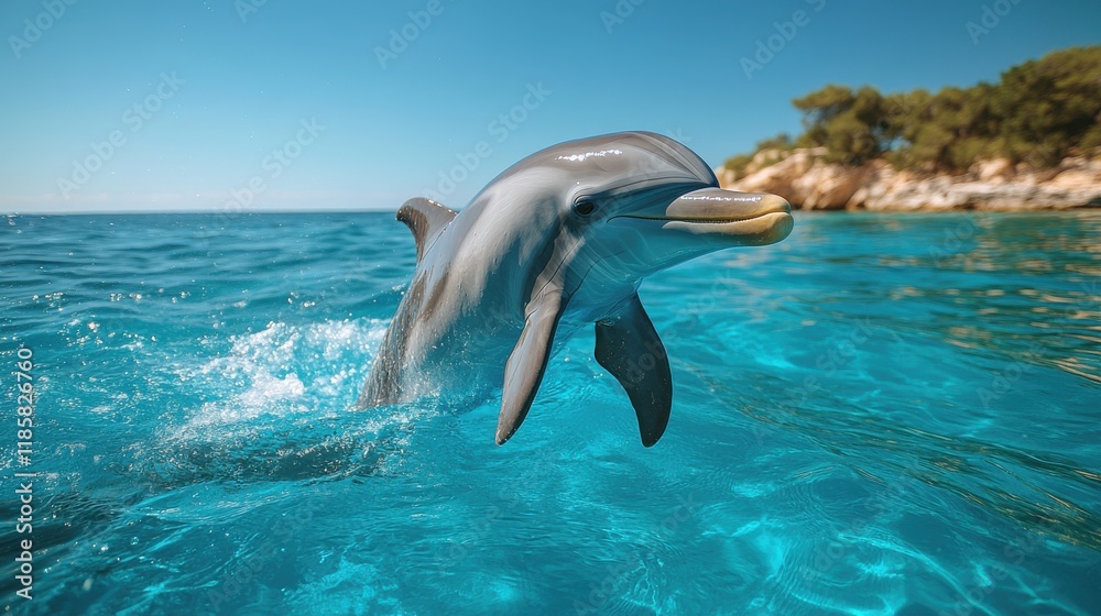 Fototapeta premium A dolphin leaps joyfully from clear blue waters under a bright sky.