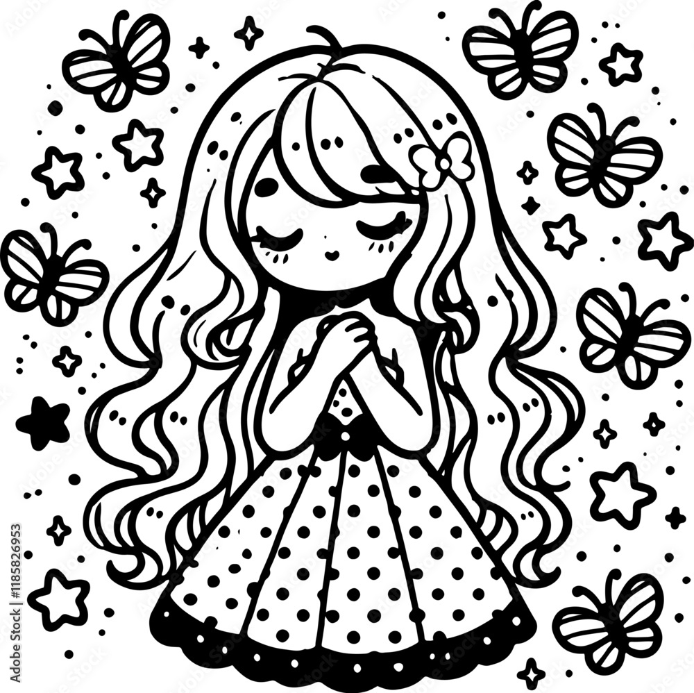 A cute kawaii-style girl with long flowing hair, wearing a polka-dot dress. Cartoon comic vector illustration A cute kawaii-style girl with long flowing hair, wearing a polka-dot dress. Cartoon comic vector illustration