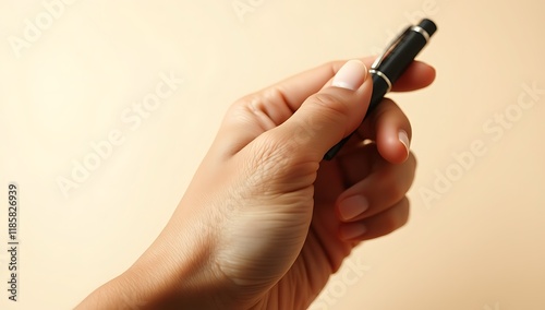 Close-up of a hand holding a black pen.