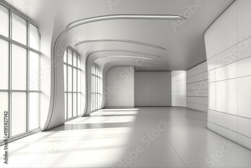 Modern white corridor, sunlight, architecture, interior design, empty space, futuristic, windows, walls, render, showcase