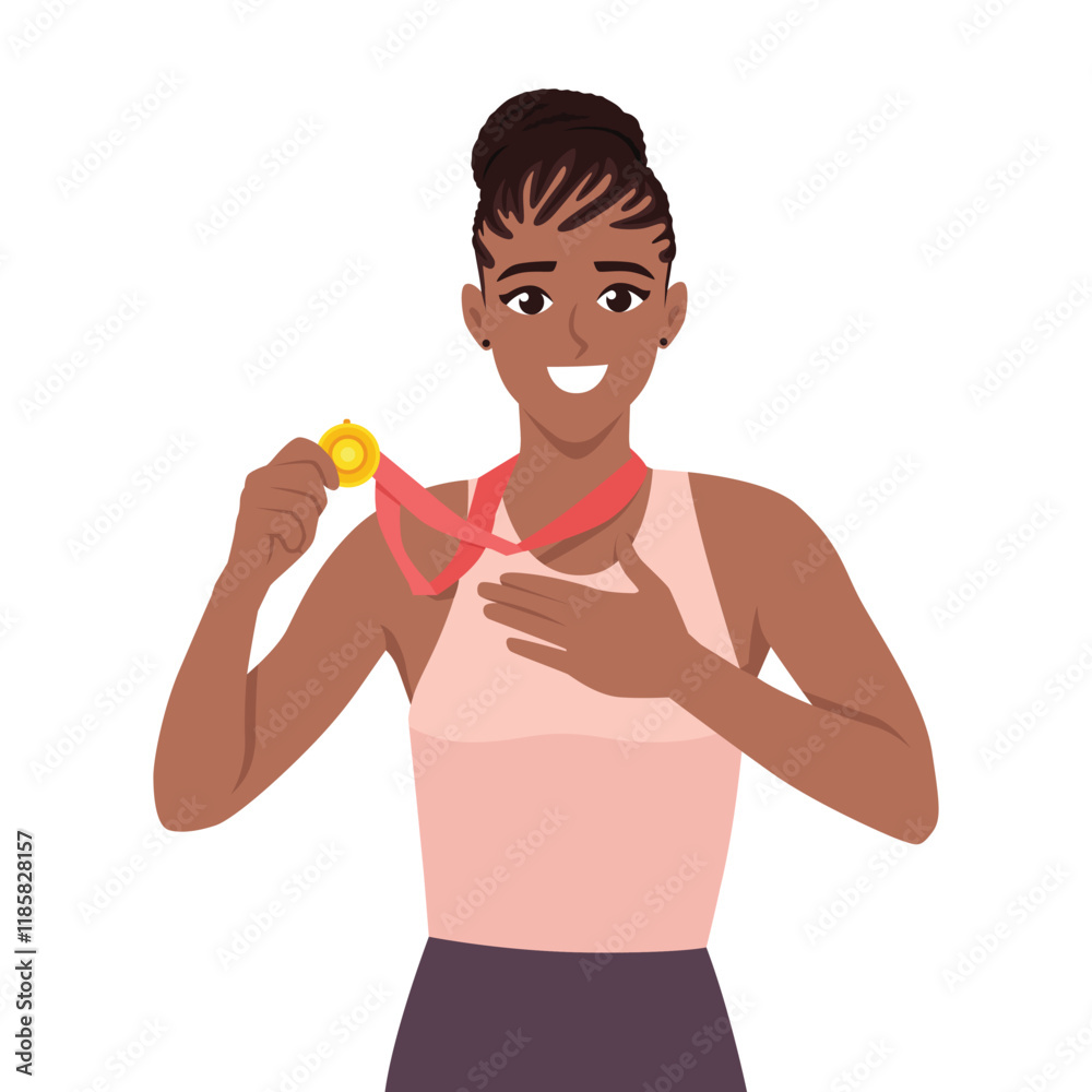 Young winner woman with gold medal with award and reward. Flat vector character illustration Young winner woman with gold medal with award and reward. Flat vector character illustration