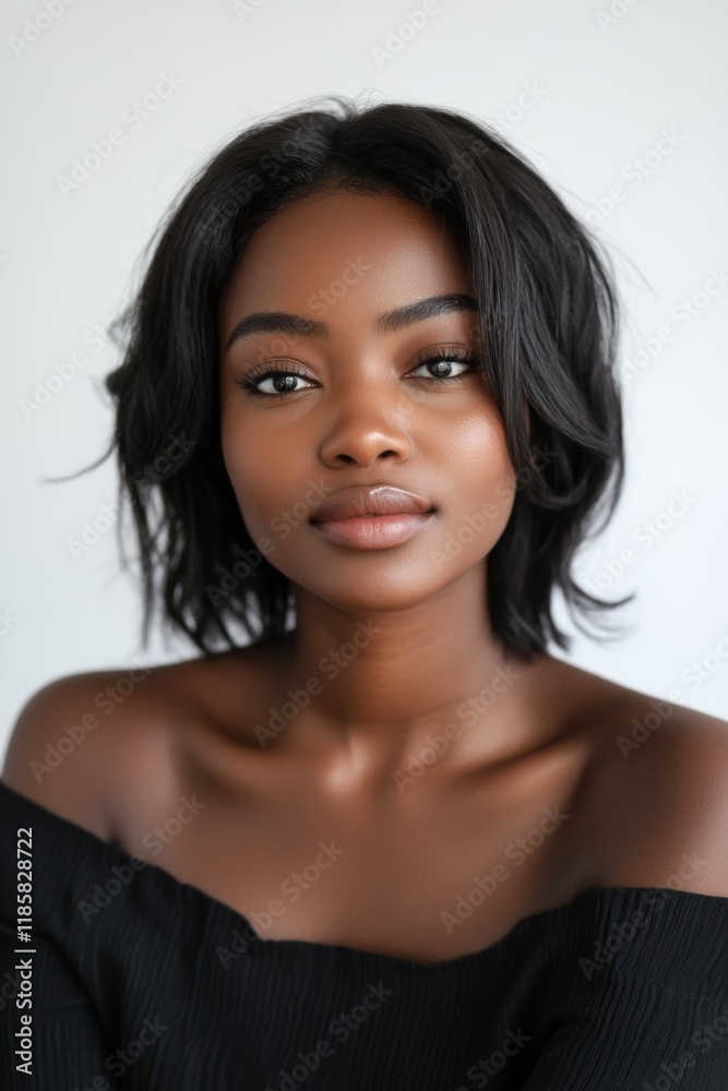 A confident woman with short hair poses gracefully against a plain background, conveying elegance and poise in a studio setting. A confident woman with short hair poses gracefully against a plain background, conveying elegance and poise in a studio setting.