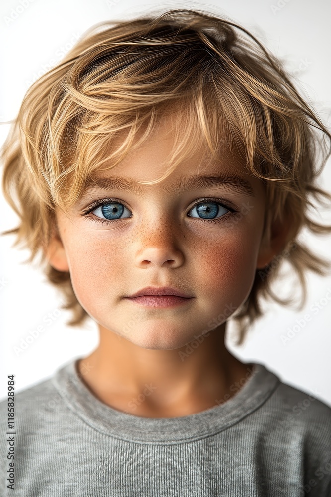 Close-up of a young child with bright blue eyes and tousled blond hair, exuding innocence and curiosity. Close-up of a young child with bright blue eyes and tousled blond hair, exuding innocence and curiosity.