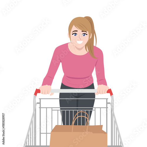 Young woman pushing a shopping cart. Flat vector character illustration