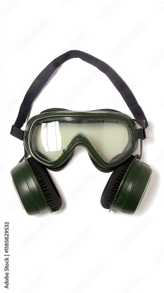 Protective Green Safety Goggles with Ear Muffs Isolated on White Background for Industrial and Construction Use Protective Green Safety Goggles with Ear Muffs Isolated on White Background for Industrial and Construction Use