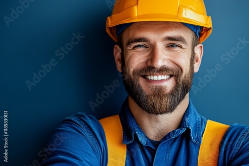 Man with a yellow hard hat is smiling and posing for a picture. He is wearing a blue shirt and a yellow vest