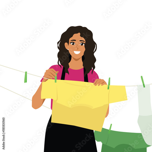 Young housewife hang wet clothes on rope outdoors. Flat vector character illustration