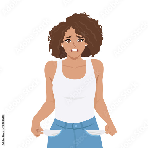 No money. Woman with pockets turned outward. Flat vector character illustration