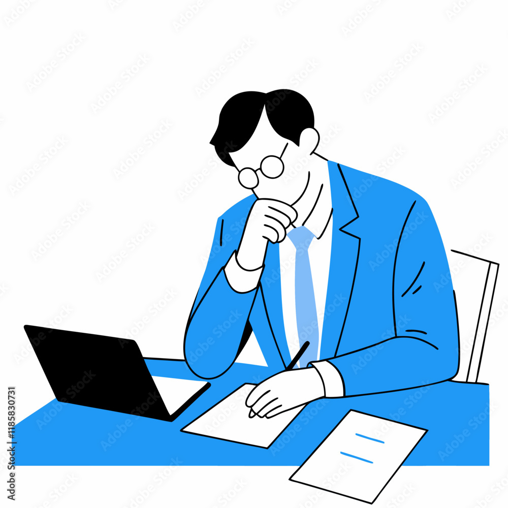 Businessman Deep in Thought While Writing Ideas at Desk Businessman Deep in Thought While Writing Ideas at Desk