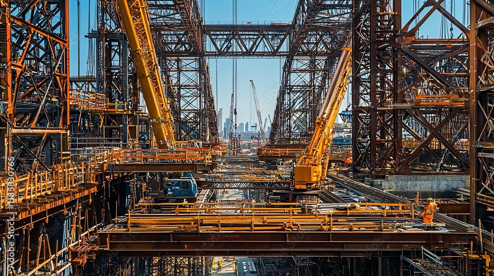 Large-scale construction site with cranes and steel structures. Large-scale construction site with cranes and steel structures.
