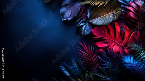 Fototapeta Naklejka Na Ścianę i Meble -  Tropical Night: Vibrant Dark Leaves