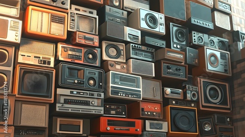 A Colorful Wall of Vintage Radios and Televisions photo