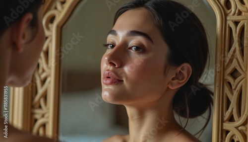 Young Hispanic woman gazing at reflection in ornate mirror, self-reflection