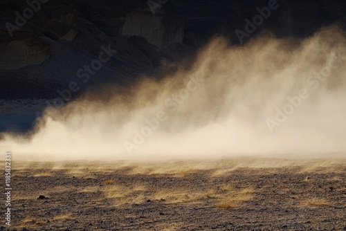 Desert windstorm, dust cloud, canyons,  arid landscape, travel photo