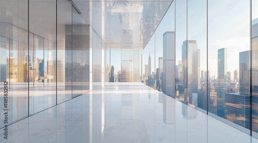 Obraz premium Skyline view through expansive glass panels of a modern building