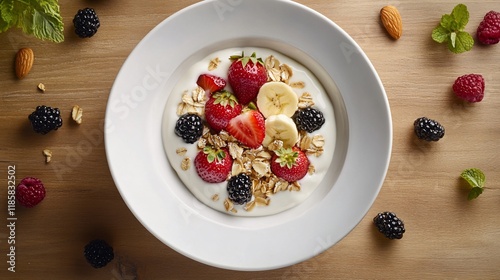 Top view of a bowl of yogurt with granola, strawberries, banana, and berries.